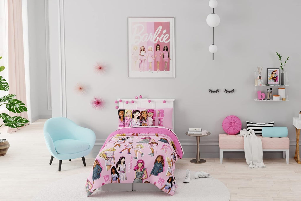 Barbie Barbiecore Bedding Super Soft Comforter and Sheet Set with Sham, 5 Piece Twin Size, College Dorm Essentials (Official Licensed Product) - view 5