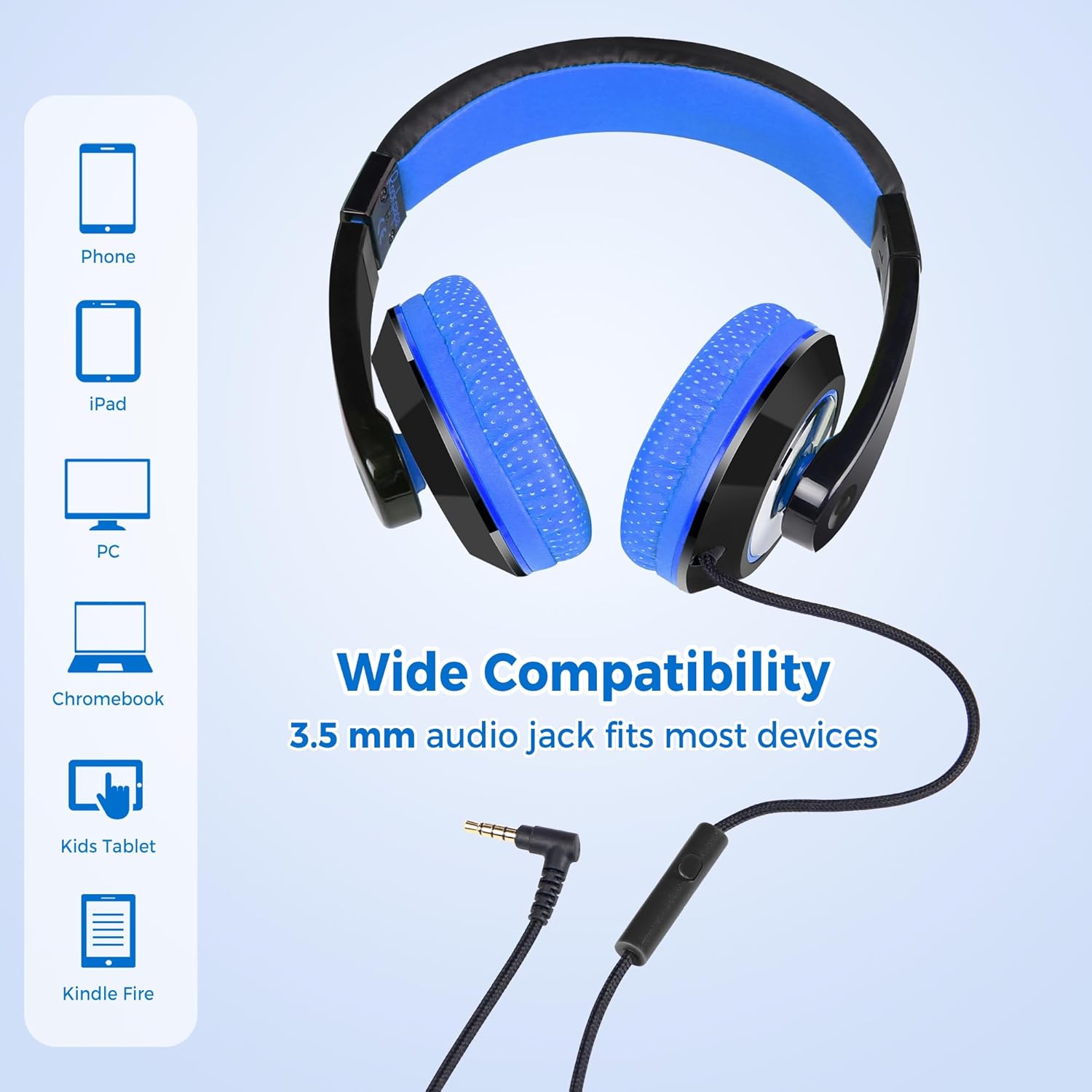 Comfort+ Kids Headphones with Microphone, Boys Girls Student Over-Ear Headphones Wired Foldable for School Classroom Laptop PC Computer Tablet Black Blue - view 4