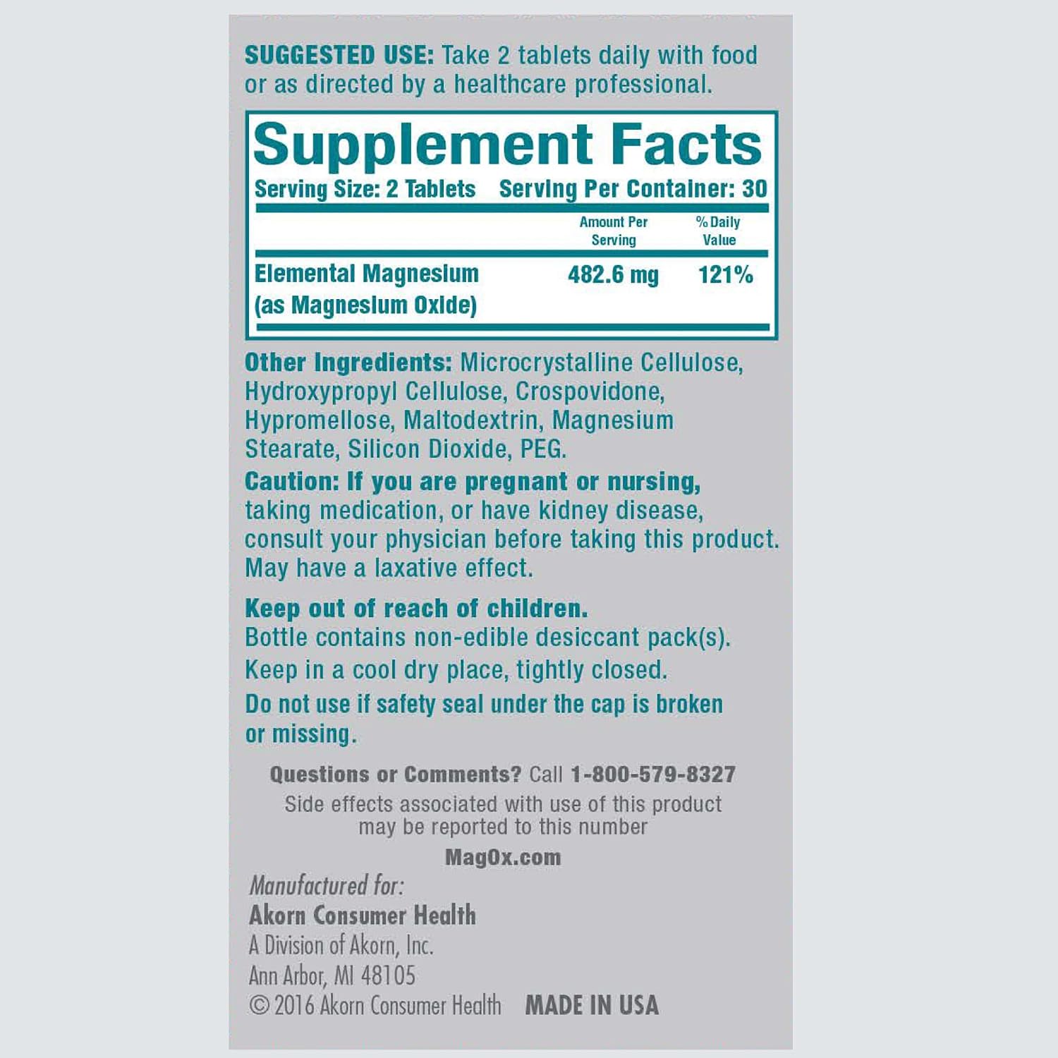 High potency magnesium supplement, tablets, 120 count, pack of 2, pharmaceutical grade magnesium oxide, 482 mg per dose - view 2