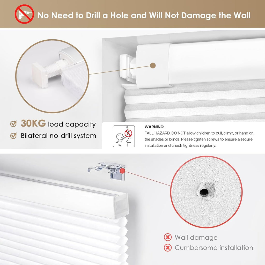 No drill cordless cellular shades, 22" W x 36" H, White | Blackout fabric protects privacy, with thermal insulation & noise reduction, safe cordless design for kids and pets - view 2
