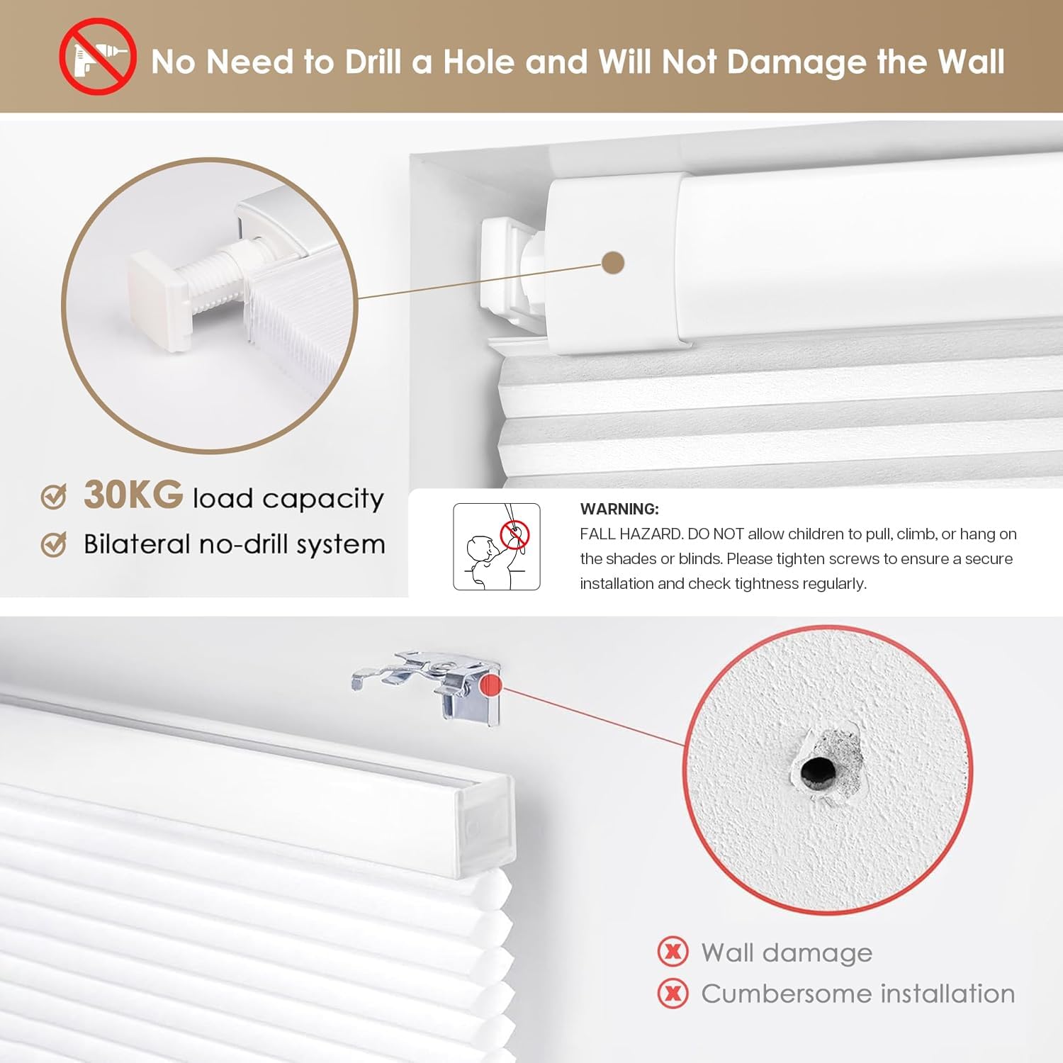 No drill cordless cellular shades, 22" W x 36" H, White | Blackout fabric protects privacy, with thermal insulation & noise reduction, safe cordless design for kids and pets - view 2
