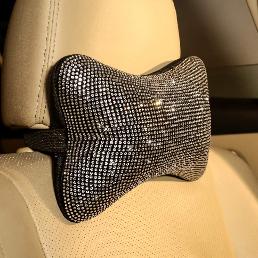 2 pack car neck pillow for driving seat auto headrest cushion head rest neck support relax crystal rhinestone diamond interior bling accessories for women girly comfortable white. - view 3