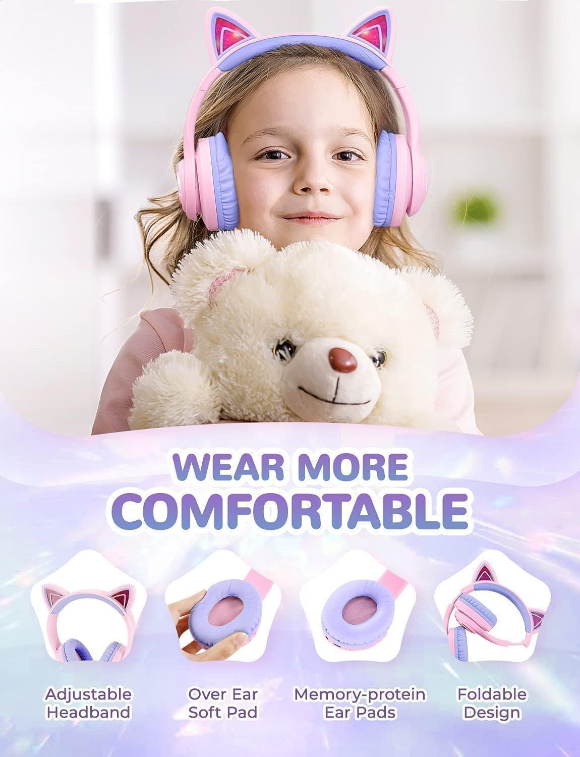 Kids Bluetooth headphones for girls, LED cat ear travel gift | SafeSound tech, 50H playtime, USB C charging, AUX cable, stereo sound, kids headphones wireless with mic for tablet, Purple - view 6