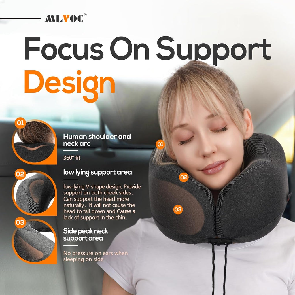 Airplane travel neck pillow for sleeping, 3D-eye mask & earplugs kit | 3-in-1 travel kit, eye mask + earplugs, curved neck & chin support, rope lock fit, memory foam keeps it's shape - view 2