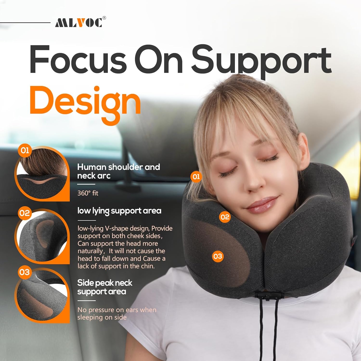 Airplane travel neck pillow for sleeping, 3D-eye mask & earplugs kit | 3-in-1 travel kit, eye mask + earplugs, curved neck & chin support, rope lock fit, memory foam keeps it's shape - view 2