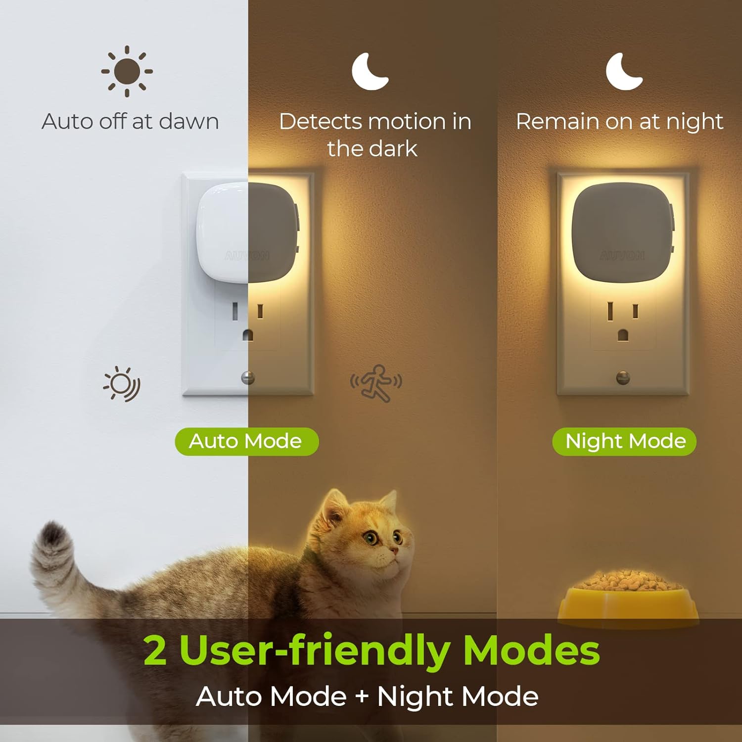 Plug-in LED Backlit Night Light, Motion & Dusk to Dawn Sensor, 2-Pack | 2200K Warm White Nightlight with 1-50lm Dimmable Brightness for Bedroom, Bathroom, Hallway, Kitchen, Garage, Stairs, Nursery - view 3
