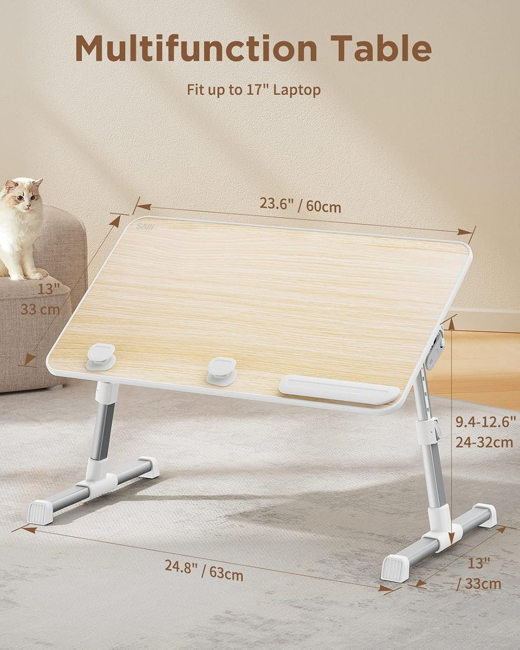 Laptop bed tray table, adjustable standing desk lap desk | for sofa couch floor working studying reading writing eating, fit up to 17" laptop (large, teak) - view 6