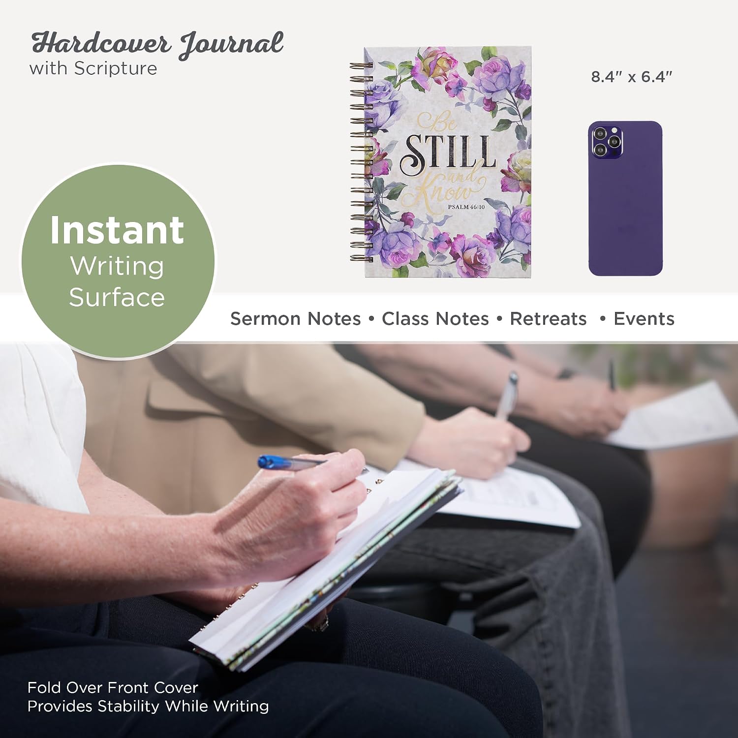 Spiral journal: be still and know - Psalm 46:10 | women gifts, hardcover notebook, wide ruled notebook, christian journal, 192 lined pages, floral, purple (8.4" x 6.4" x 1") - view 6