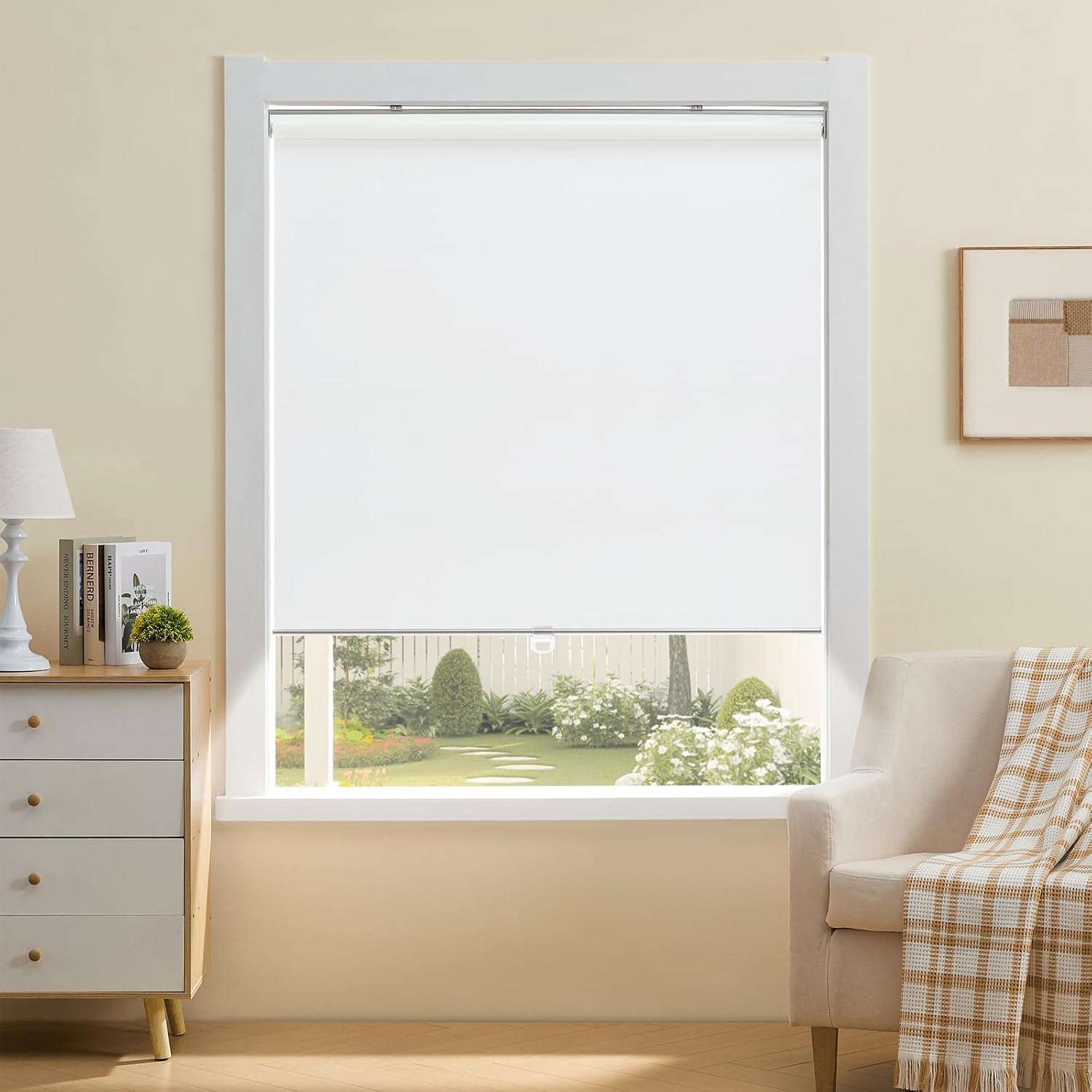 Cordless 100% blackout roller shades for windows, UV protection pull down shades, room darkening door blinds thermal insulated fabric for home office and bedroom (14" W x 72" H, White) - view 4
