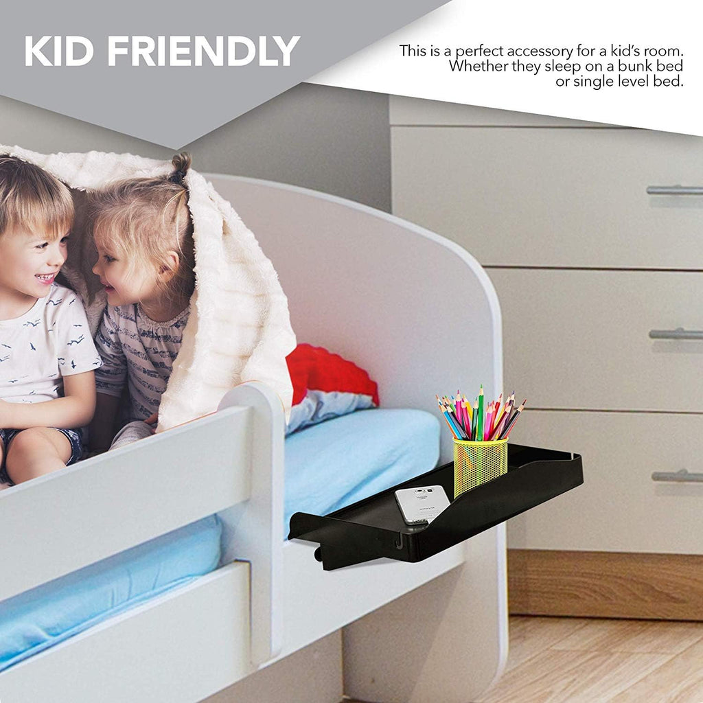 Bedside Shelf for Bed, College Dorm Room, Bunk Bed Shelf/Caddy for Top Bunk, Clip On Nightstand Tray with Cord and Cup Holder for Table Storage (White) - view 6
