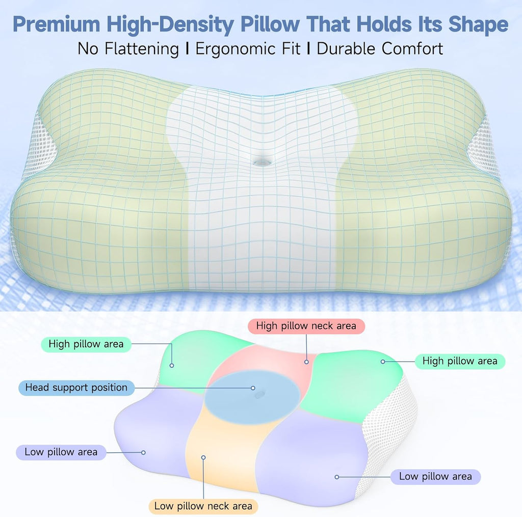 Memory Foam Cervical Pillow, Neck Comfort Support,Ergonomic High-Low Contour Neck Pillow, Supportive Sleeping Pillow for Side, Back, Stomach Sleepers, Removable Washable Cover(Green) - view 2