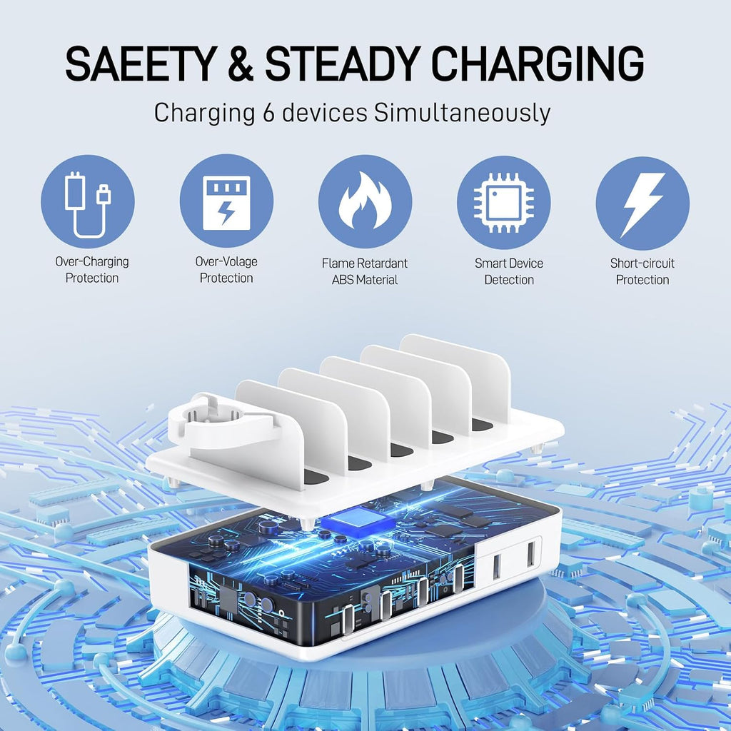 Charging station for multiple devices, 50W 6 ports charging dock with stand | 6 cables, compatible with cellphone, tablet, Kindle, Apple watch and other electronic, 1 USB-A to USB-C adapter converter - view 3