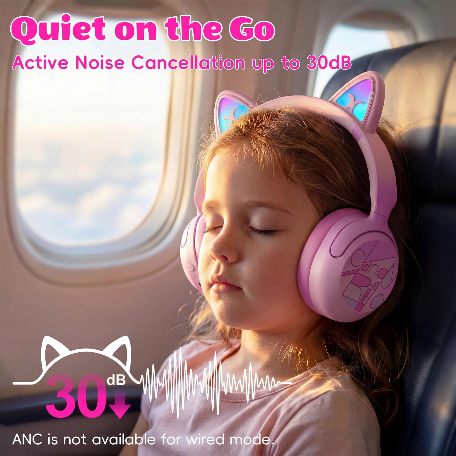 Kids Bluetooth headphones with LED cat ears, 85dB limit, pink, active noise cancelling, 40-hour playtime, Bluetooth 6.0, fast charging, built-in mic, compatible with iPad and tablets - view 2