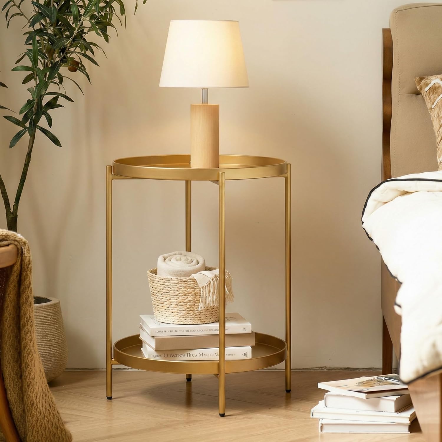 2 Tier Gold Side Table, Folding Round Metal End Table Small Nightstand with Two Removable Tray for Bedroom Living Room Small Spaces Bedside Gold - view 2