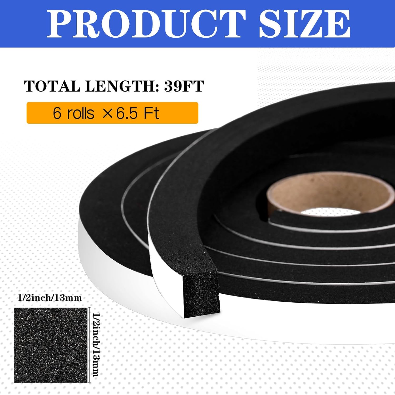 39ft Adhesive Foam Weather Stripping, 1/2 Inch W x 1/2 Inch T, Air Conditioner Window Seal Insulation Foam Tape High Resilience for Doors, Window, Automotive Sound Isolation Soundproofing - view 2