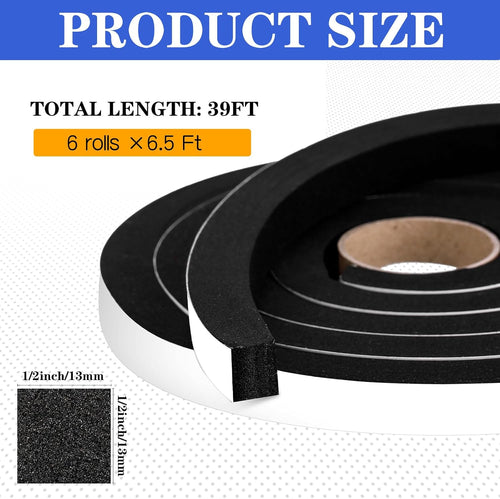 39ft Adhesive Foam Weather Stripping, 1/2 Inch W x 1/2 Inch T, Air Conditioner Window Seal Insulation Foam Tape High Resilience for Doors, Window, Automotive Sound Isolation Soundproofing - view 2