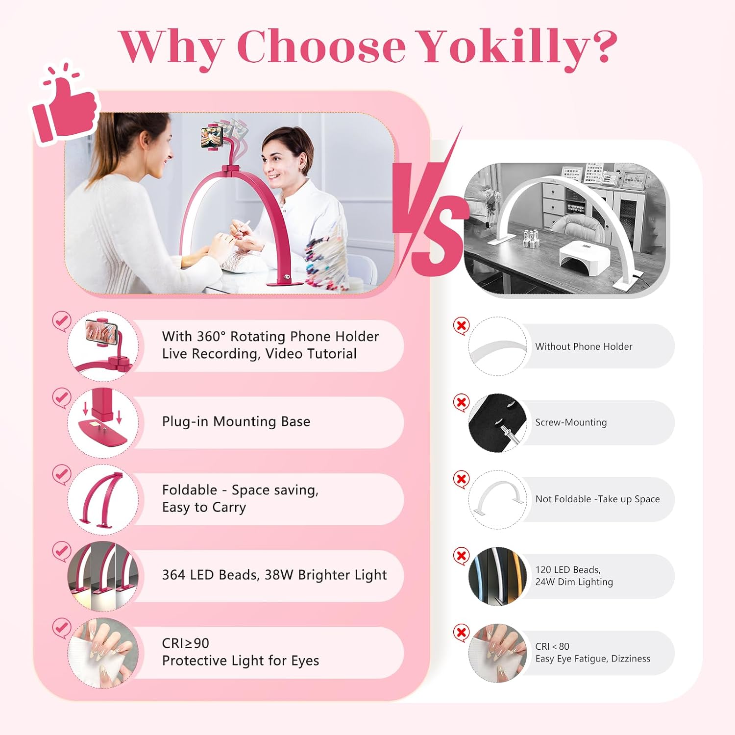 Half moon light for nail desk: 29" foldable nail light for desk | AB diamonds arch nail tech light with phone holder for beginner - 3 color modes & 10 brightness for manicure salon - rose red - view 2