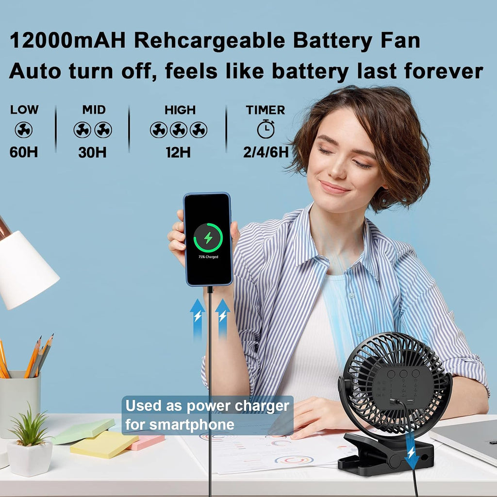 Portable fan with remote control & timer & LED lights, 60hrs 12000mAh USB rechargeable battery, clamp/hanging/stand up, small clip on fan for baby stroller, bed, desk, camping tent, travel - view 5