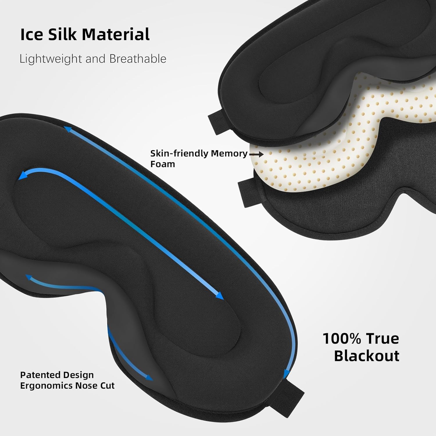 Sleep mask, 3D contoured sleeping mask, 99% light blocking eye mask, zero eye pressure cup blindfold for men women, with adjustable strap for sleeping, yoga, traveling, black - view 3