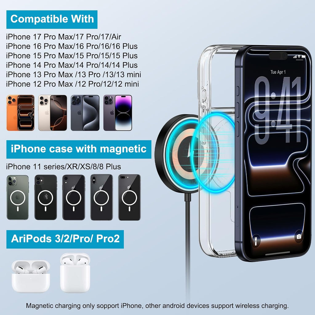 Magnetic charger wireless charger 15W fast charging pad | USB-C/A Magsafe wireless charger pad for Android Samsung Galaxy S26 S25 S24 iPhone 17e 17 16e 16 15 Pro Max AirPods Pro 4-2 - view 3
