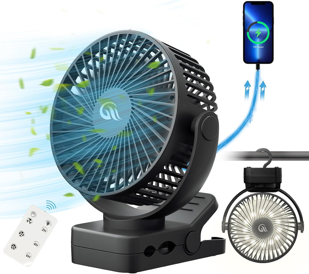 Portable fan with remote control & timer & LED lights, 60hrs 12000mAh USB rechargeable battery, clamp/hanging/stand up, small clip on fan for baby stroller, bed, desk, camping tent, travel