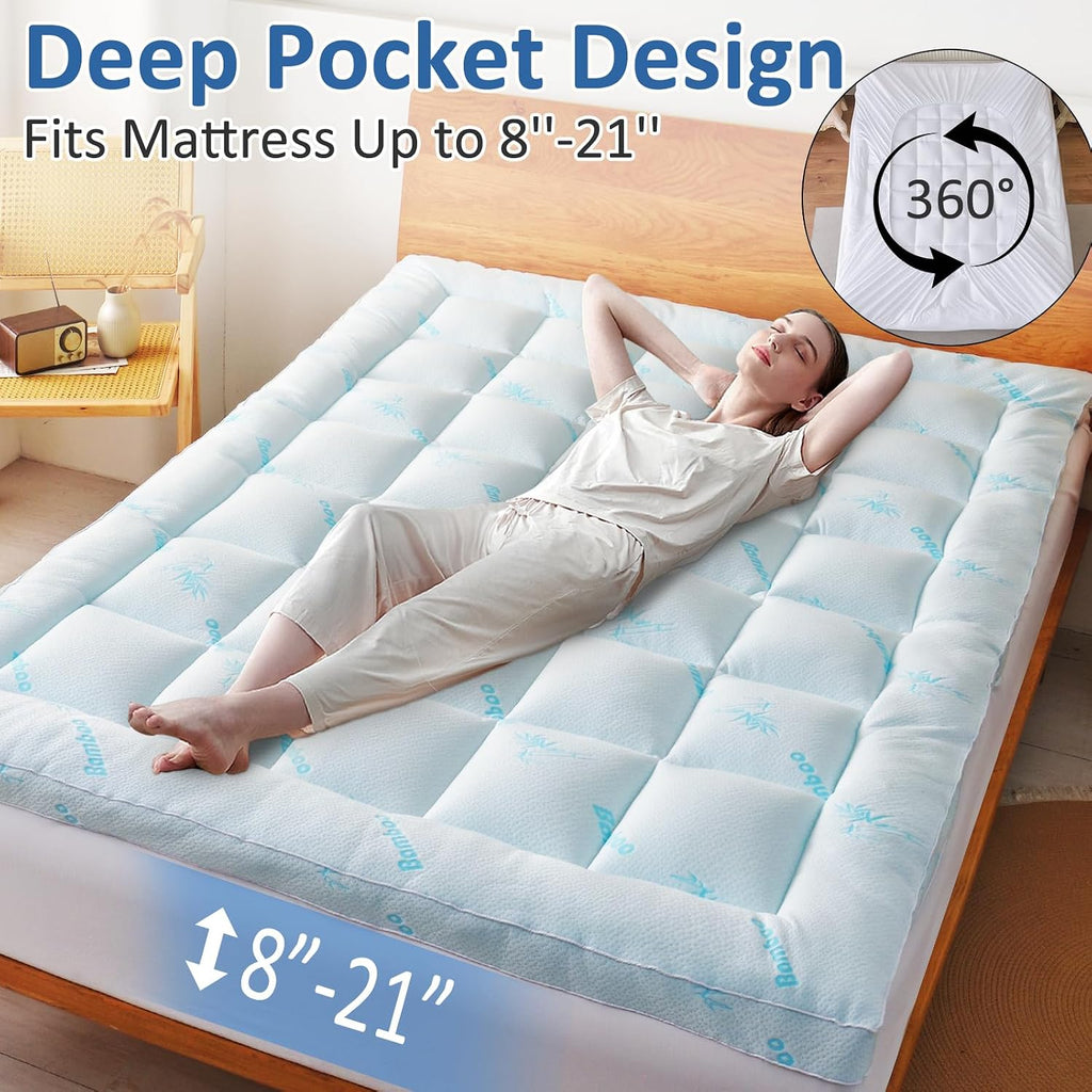 Mattress Topper Queen Size - Cooling Extra Thick Breathable Viscose Made from Bamboo Mattress pad - Soft Quilted Fitted Mattress Cover with 900 GSM Down Alternative Fill (8-21”Deep Pocket) - view 3
