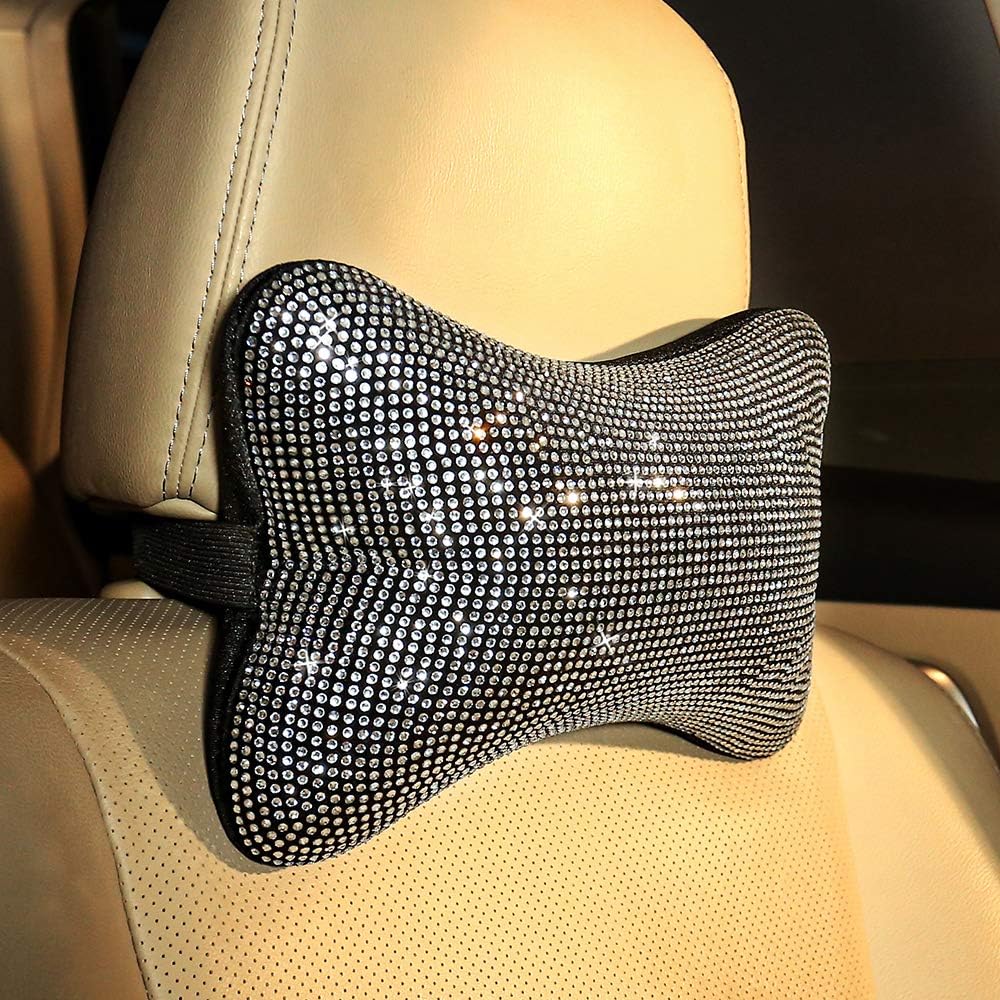 2 pack car neck pillow for driving seat auto headrest cushion head rest neck support relax crystal rhinestone diamond interior bling accessories for women girly comfortable white. - view 5