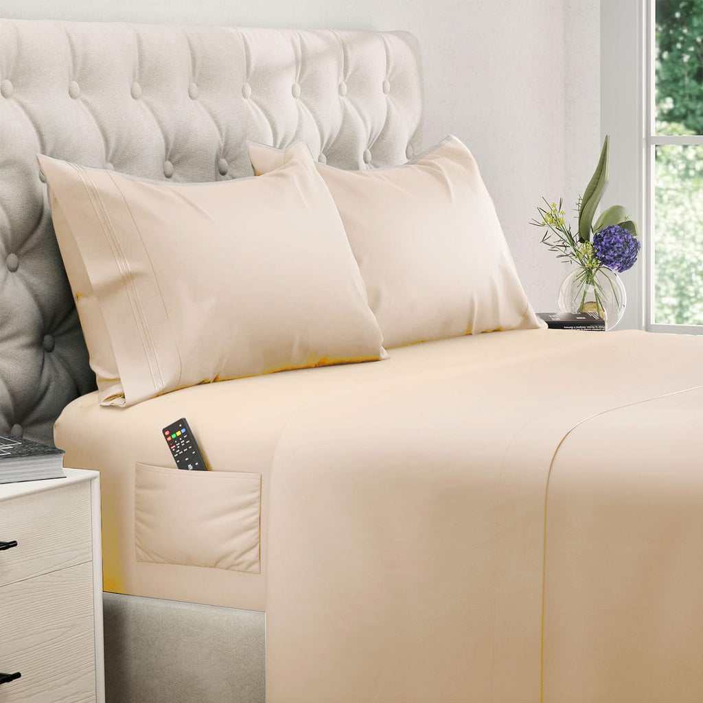 King Size Sheets Set - 4 pcs Breathable Cooling Sheets - up to 21" Extra Deep Pocket King Sheet Set with Side Pockets - Extra Soft 100% Brushed Hypoallergenic Hotel Luxury Bedding, Wheat | up to 21" Extra Deep Pocket King Sheet Set with Side Pockets - Ext