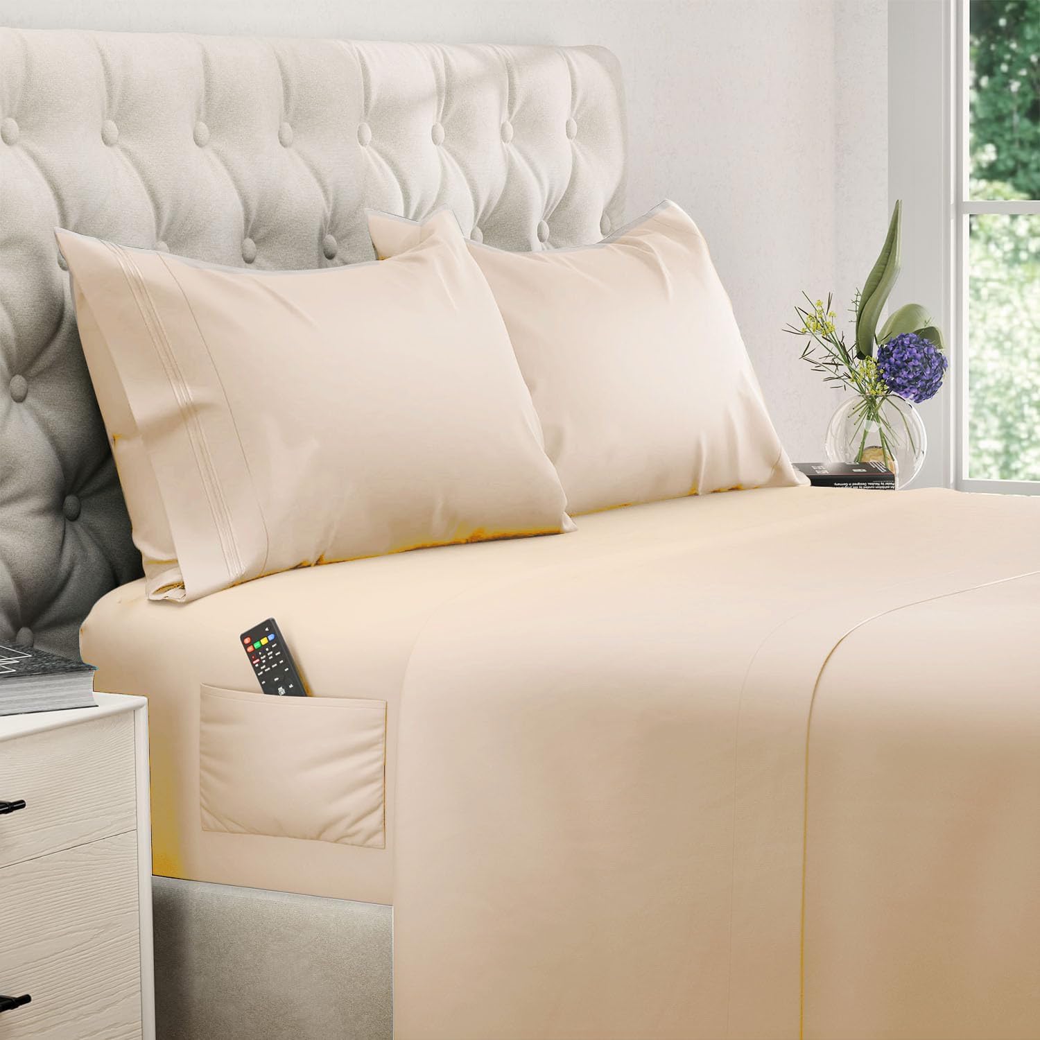 King Size Sheets Set - 4 pcs Breathable Cooling Sheets - up to 21" Extra Deep Pocket King Sheet Set with Side Pockets - Extra Soft 100% Brushed Hypoallergenic Hotel Luxury Bedding, Wheat | up to 21" Extra Deep Pocket King Sheet Set with Side Pockets - Ext