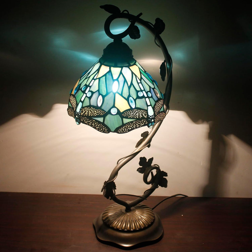 Tiffany Lamp Sea Blue Stained Glass Dragonfly Style Table Light | Metal Leaf Desk Reading Lamp Base 8X10X21 Inches Decor Small Space Bedside Bedroom Home Office S147 Series - view 5
