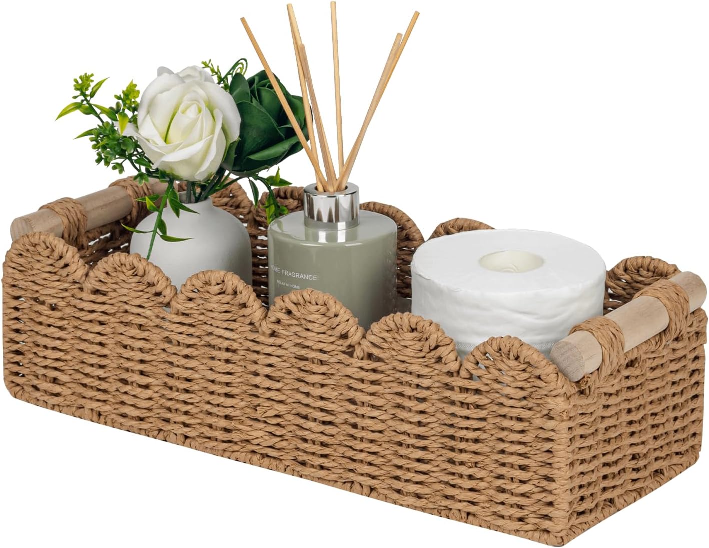 Scalloped Toilet Paper Storage Basket W/Handle for Home Decor | Paper Rope Toilet Organizer Basket for Countertop, Over Toilet Shelf, End Table, Living Room, Bedroom Decor & More, Neutral