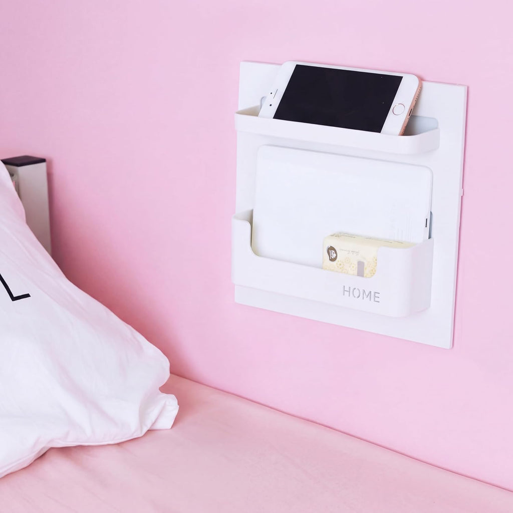Bedside shelf accessories organizer - wall mount self stick on, ideal for glasses, remote, earphone, cell phone charger, manicure kit