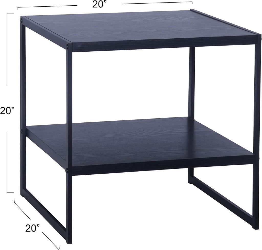 Square Side End Table with Storage Shelf, Oak Wood Grain and Black Metal Frame, Black - view 3