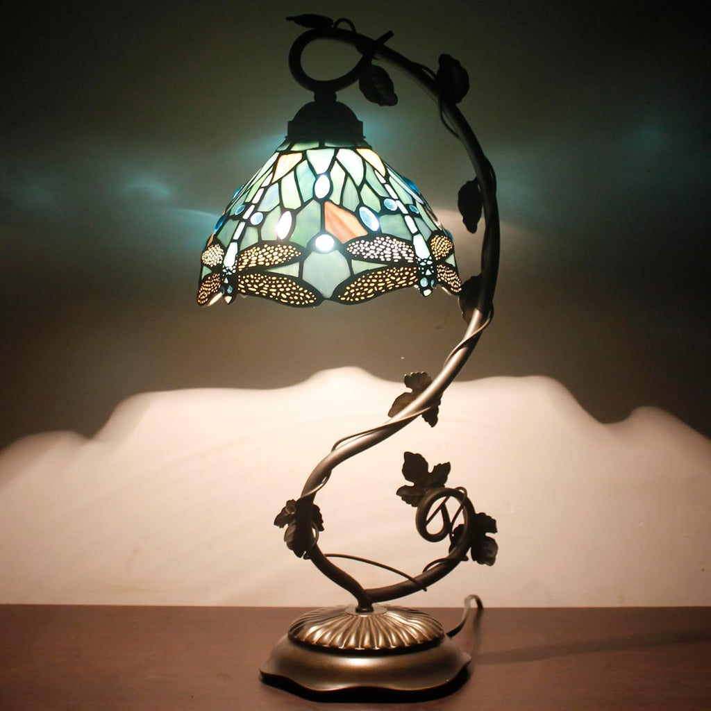 Tiffany Lamp Sea Blue Stained Glass Dragonfly Style Table Light | Metal Leaf Desk Reading Lamp Base 8X10X21 Inches Decor Small Space Bedside Bedroom Home Office S147 Series - view 4