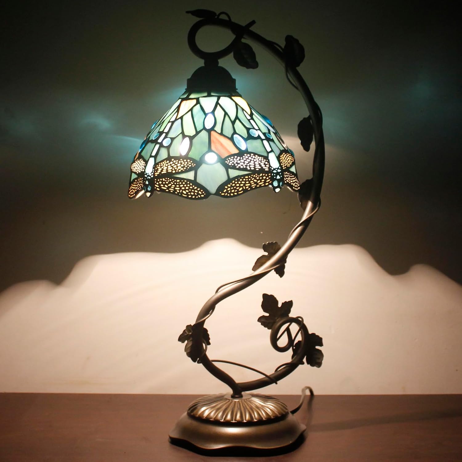 Tiffany Lamp Sea Blue Stained Glass Dragonfly Style Table Light | Metal Leaf Desk Reading Lamp Base 8X10X21 Inches Decor Small Space Bedside Bedroom Home Office S147 Series - view 4