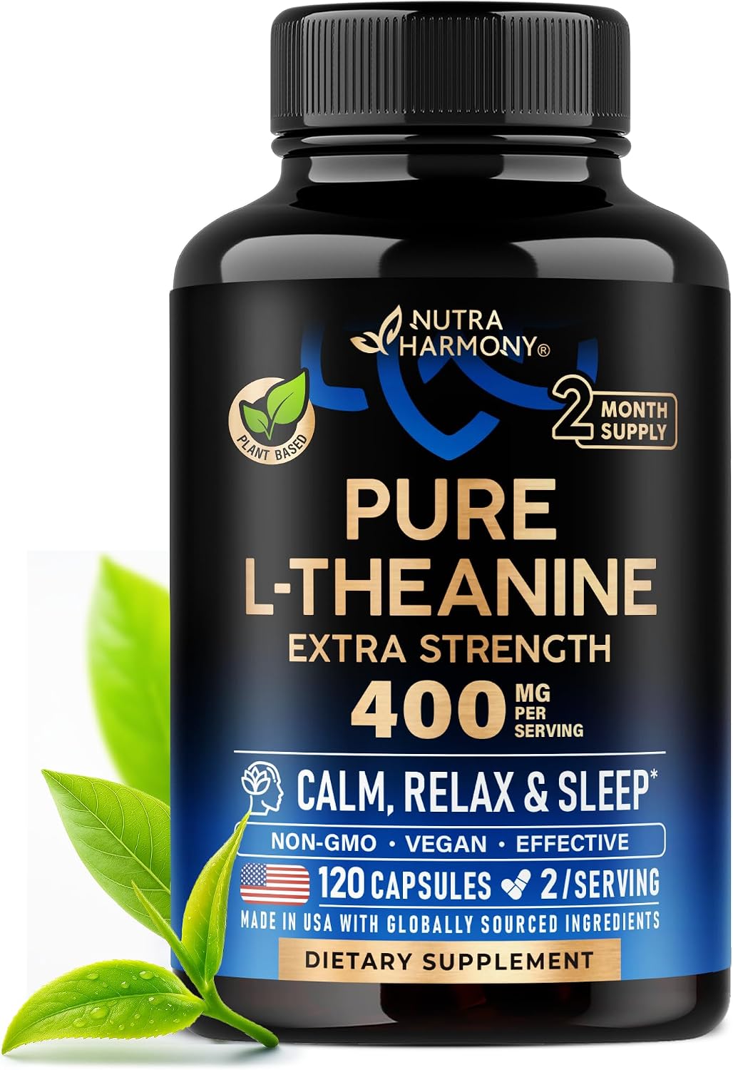 L-theanine 400 mg - L theanine for stress relief - plant based - 120 caps, extra strength L theanine supplement for men & women - relaxation, sleep & calm support - lab tested, vegan, non-GMO
