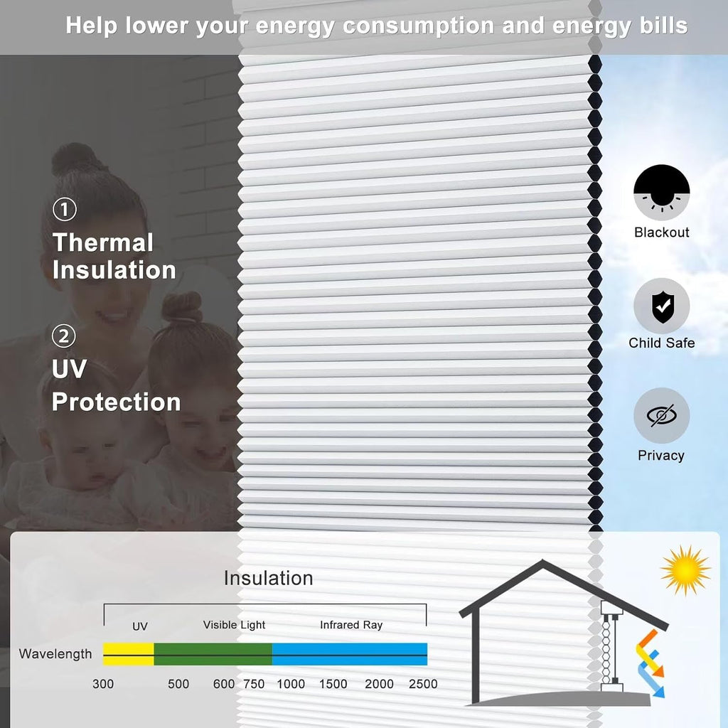 Cordless cellular shades, blackout room darkening black out honeycomb blinds for indoor windows bedroom, pull down pleated accordion blind easy install, shade size 34" Wx72 H, White - view 2