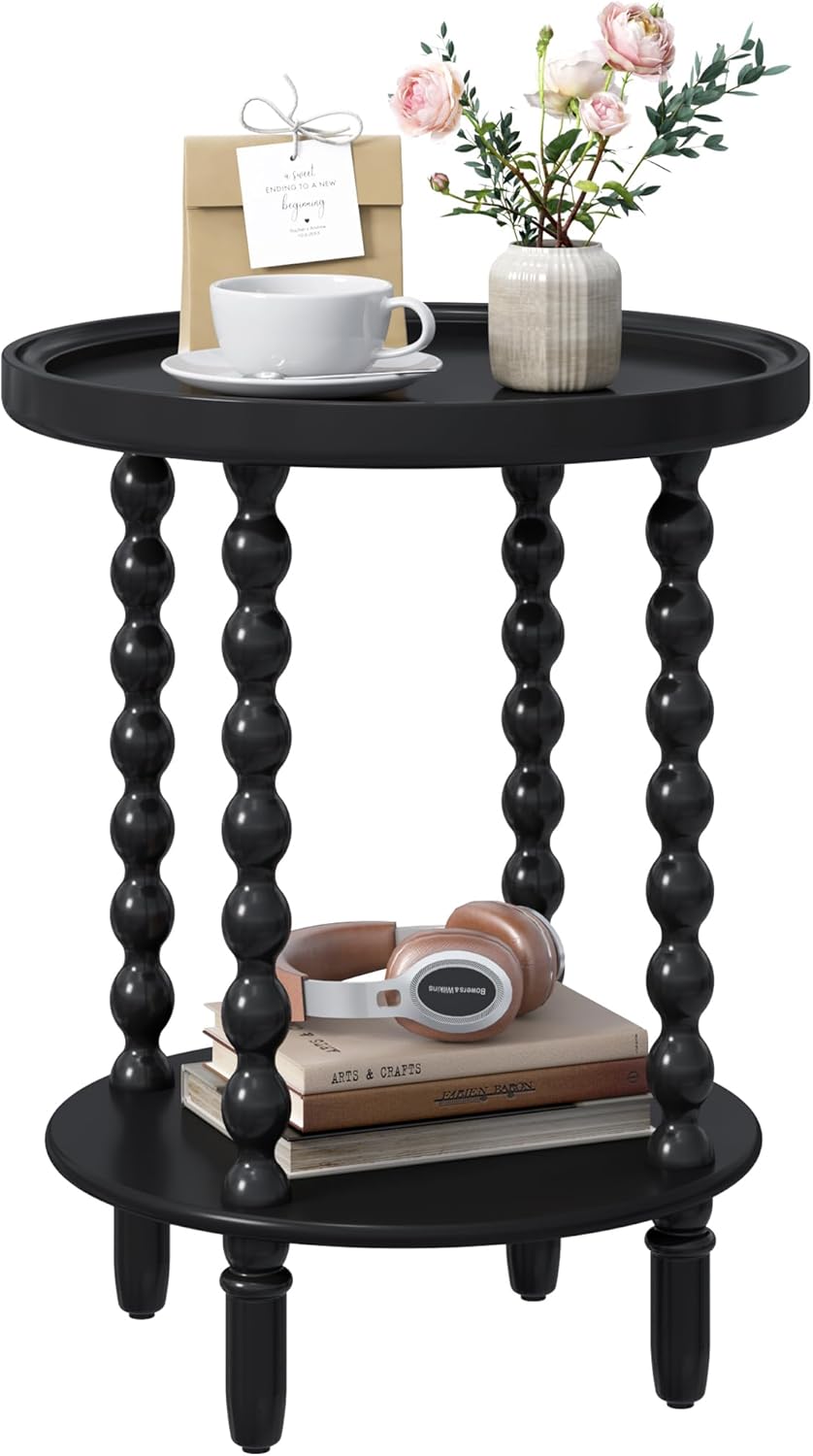 2 Tier Round Side Table with Storage Shelf,Accent Tray End Table with Modern Pedestal Legs, Nightstand Bedside Sofa Table for Living Room Bedtoom Apartment, Black - view 4