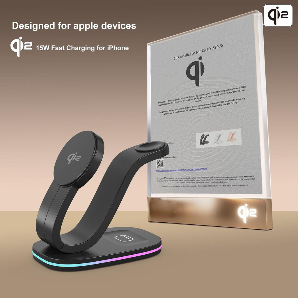 Wireless charger 3 in 1 for iPhone, magnetic charging station for Apple family with adjustable multicolor ambient light, 15W fast MagSafe charger stand, for iPhone17-12-iWatch AirPods series - view 8