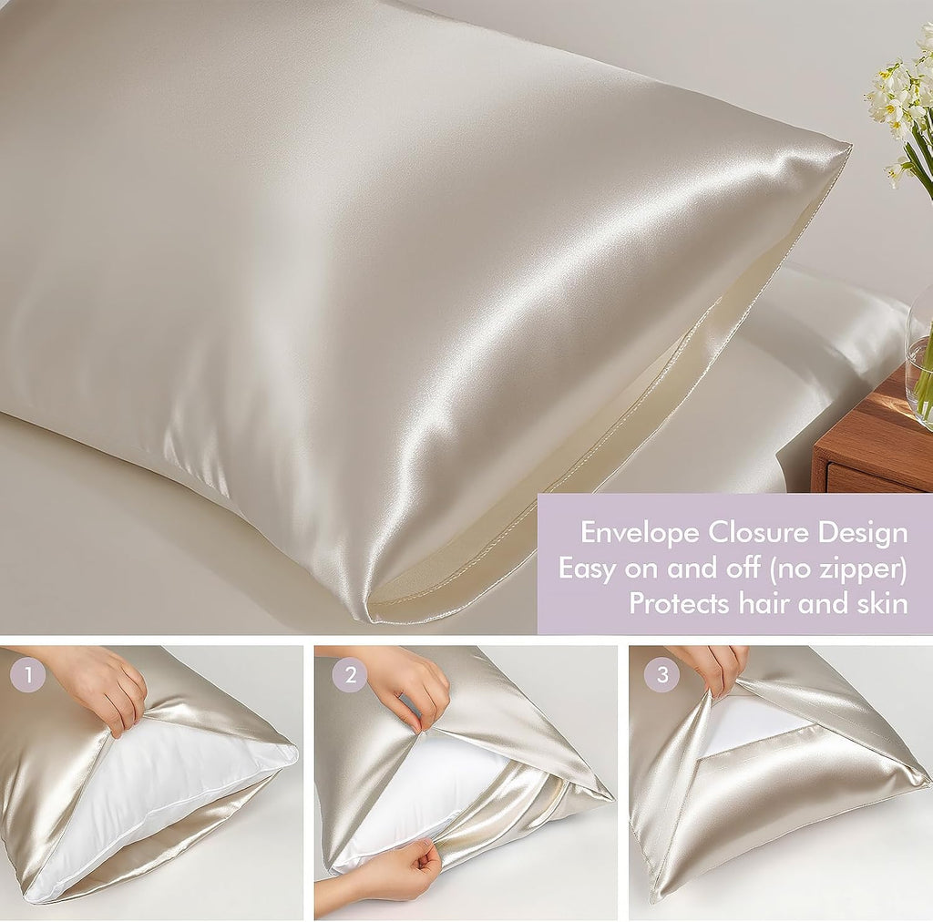 Satin sleep set – pillowcase, eye mask & scrunchie – champagne | frizz-free 3-piece self care kit for hair & skin, large no-crease scrunchie, standard 20"x26", beauty sleep set - view 3