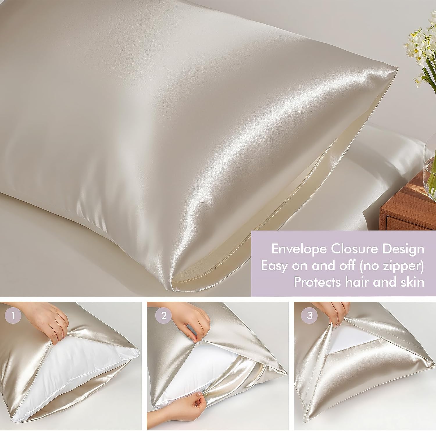 Satin sleep set – pillowcase, eye mask & scrunchie – champagne | frizz-free 3-piece self care kit for hair & skin, large no-crease scrunchie, standard 20"x26", beauty sleep set - view 3