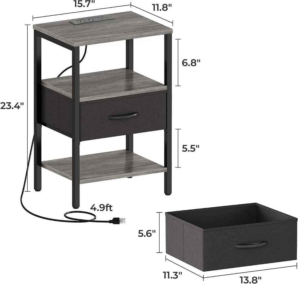 Nightstand with charging station, bed side table with adjustable fabric drawer, night stand for bedroom, 3-tier storage end table, for living room, Charcoal gray - view 3