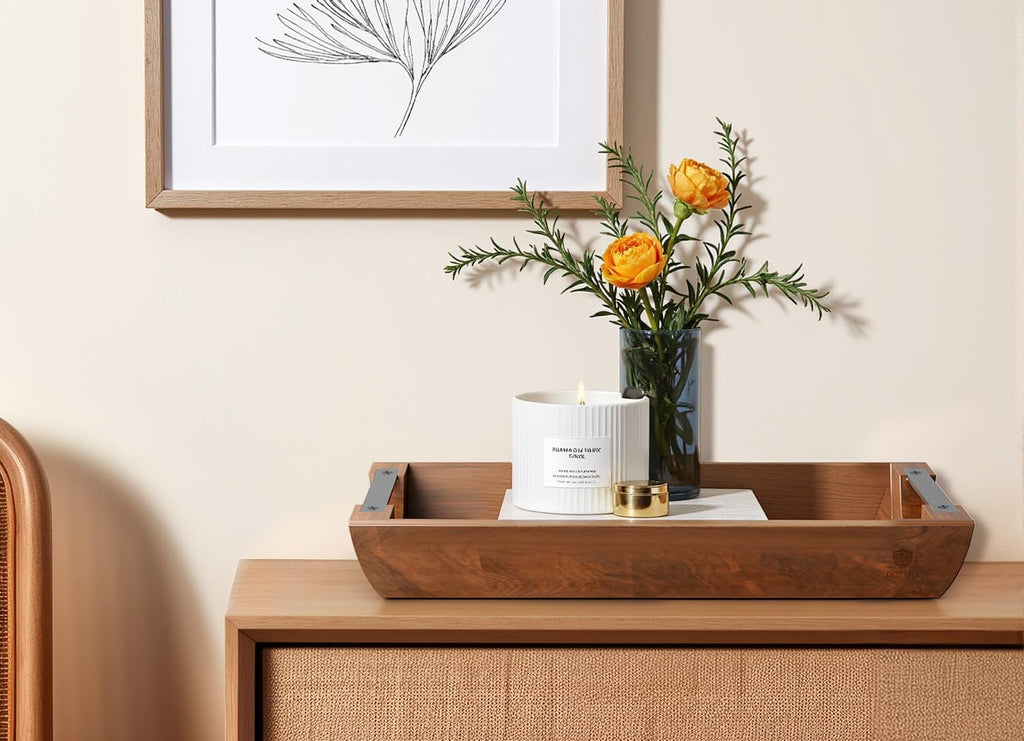 Acacia wood serving tray, 15×10in tray for ottoman, space-saving | coffee tray with metal handles, rustic wooden breakfast and drink tray, perfect for sofa arms, bedside tables, or office desk - view 6