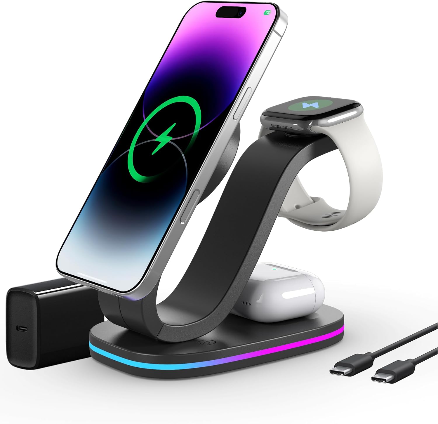 Wireless charger 3 in 1 for iPhone, magnetic charging station for Apple family with adjustable multicolor ambient light, 15W fast MagSafe charger stand, for iPhone17-12-iWatch AirPods series