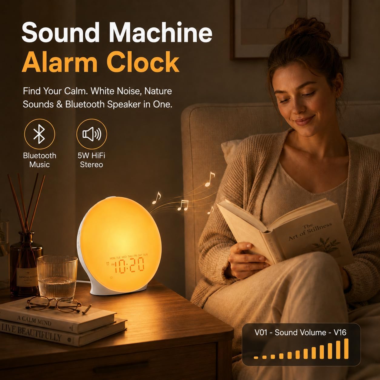 Sunrise alarm clock white noise machine with 25 nature sleep sounds, fully dimmable clock for bedrooms, heavy sleepers, 17 light modes, Bluetooth speaker - view 7