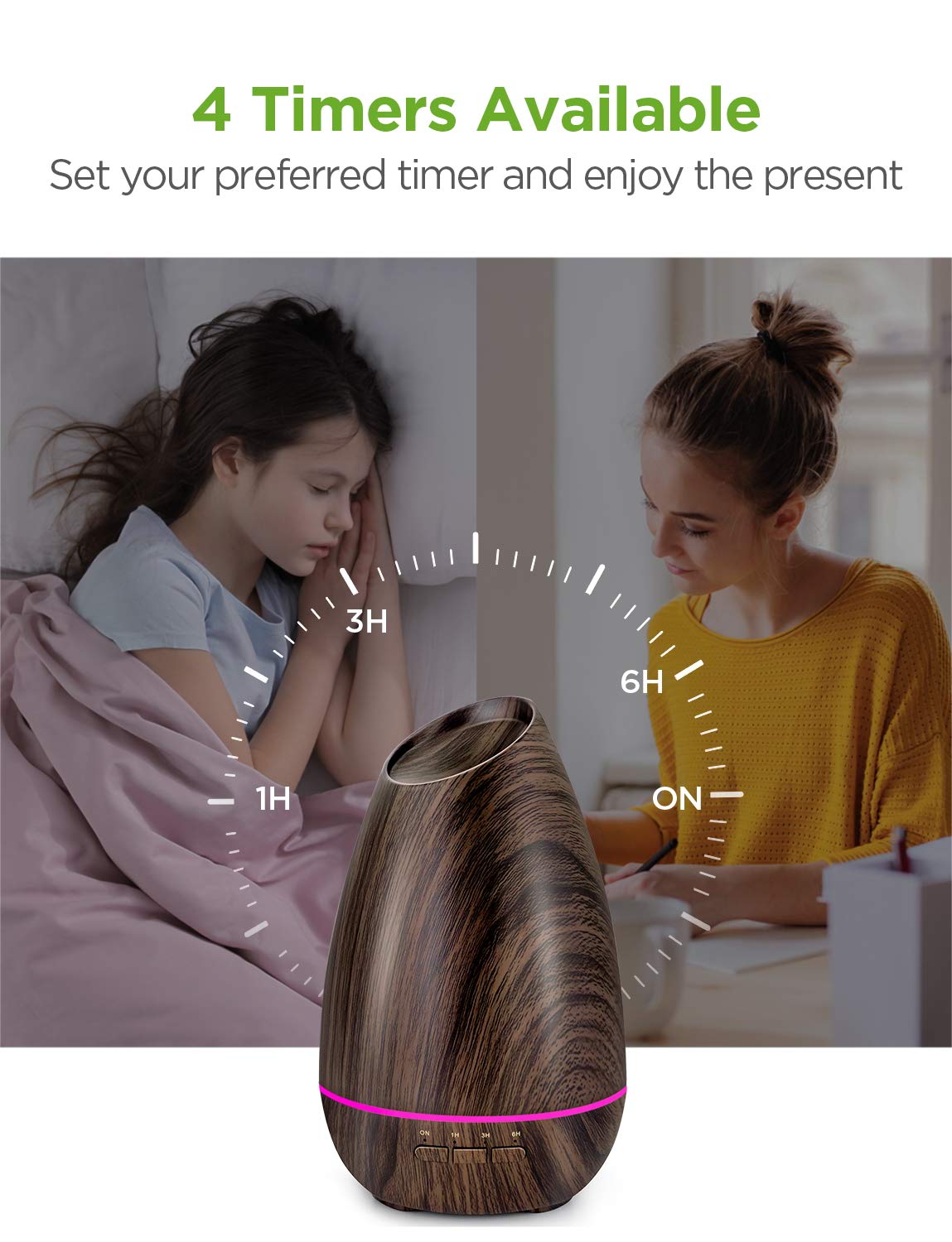 Essential Oil Diffusers, 400ml Aromatherapy Diffuser for Essential Oils Cool Mist Humidifier with 4 Timer Adjustable Mist Waterless Auto-Off for Home Office Bedroom, Brown Wood Grain - view 5