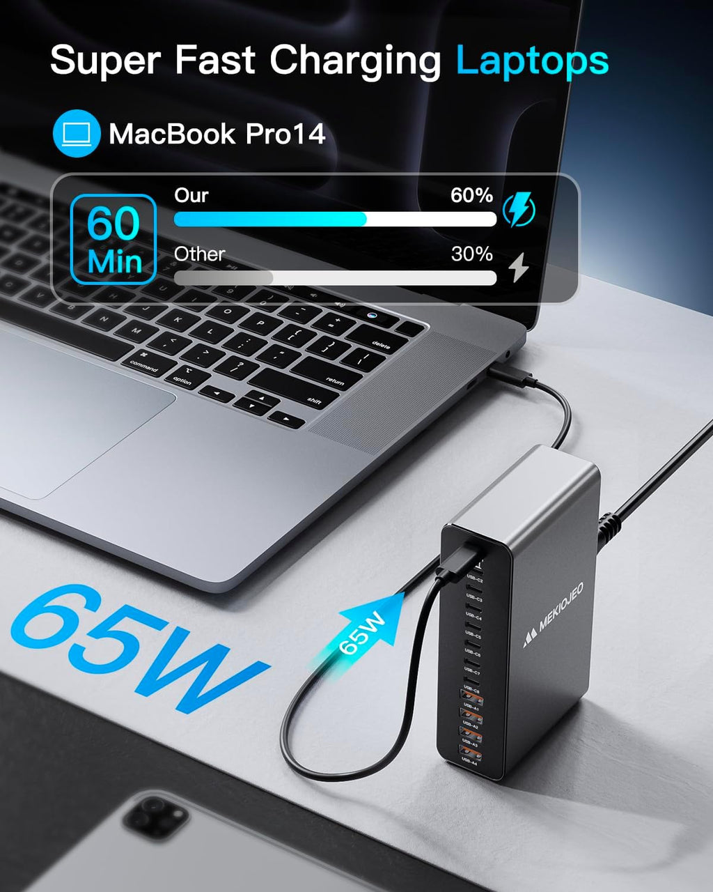 12 ports aluminum alloy 380W charging station fast USB C charger block | 65W laptop GaN charger for MacBook Pro/Air/iPad Pro/iPhone - view 3