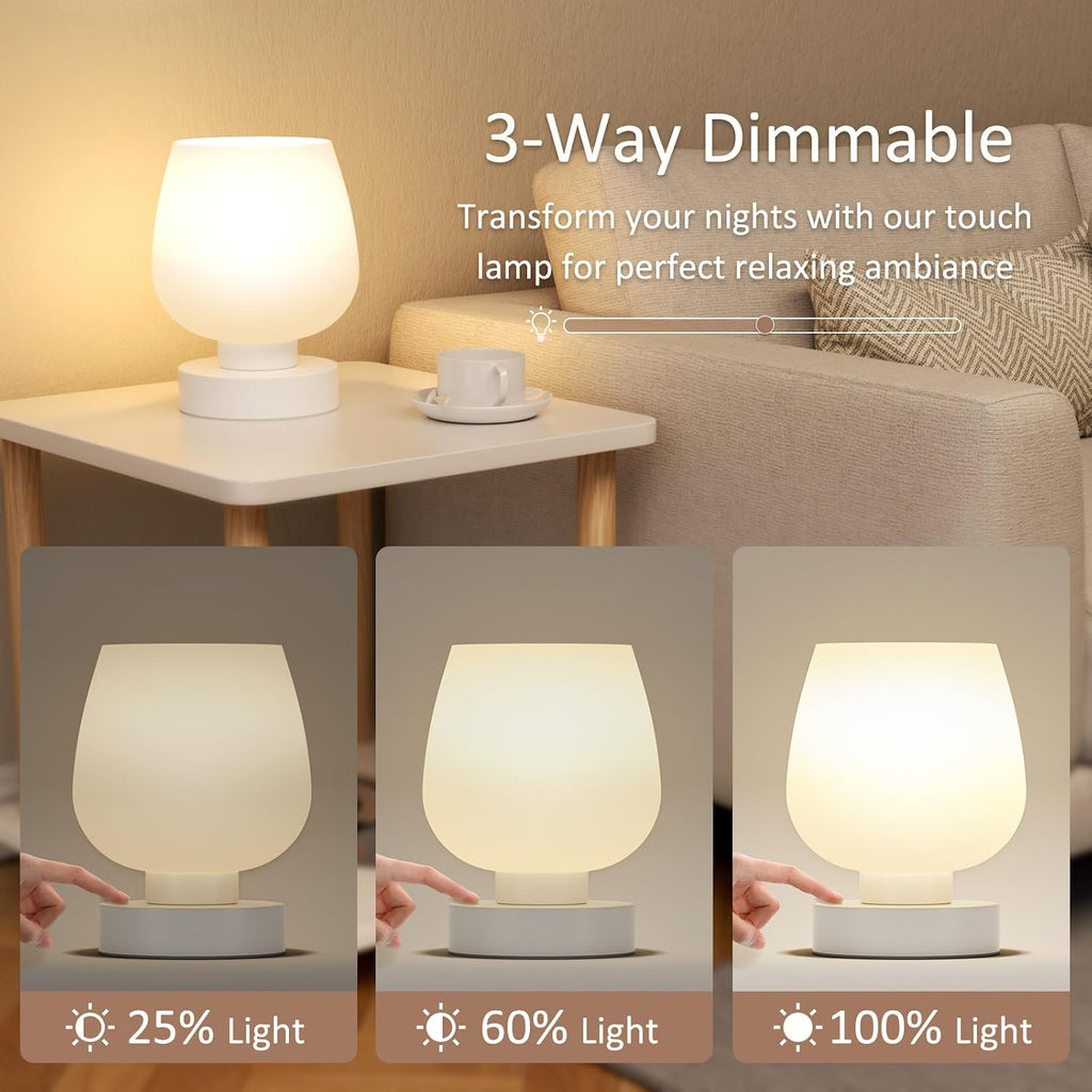 Small Touch Table Lamp for Nightstand, 3 Way Dimmable Bedside Lamp | White Glass Shade, Bedroom, Living Room, Night Stands, Small Spaces, LED Bulb Included, Gift Choice - view 3