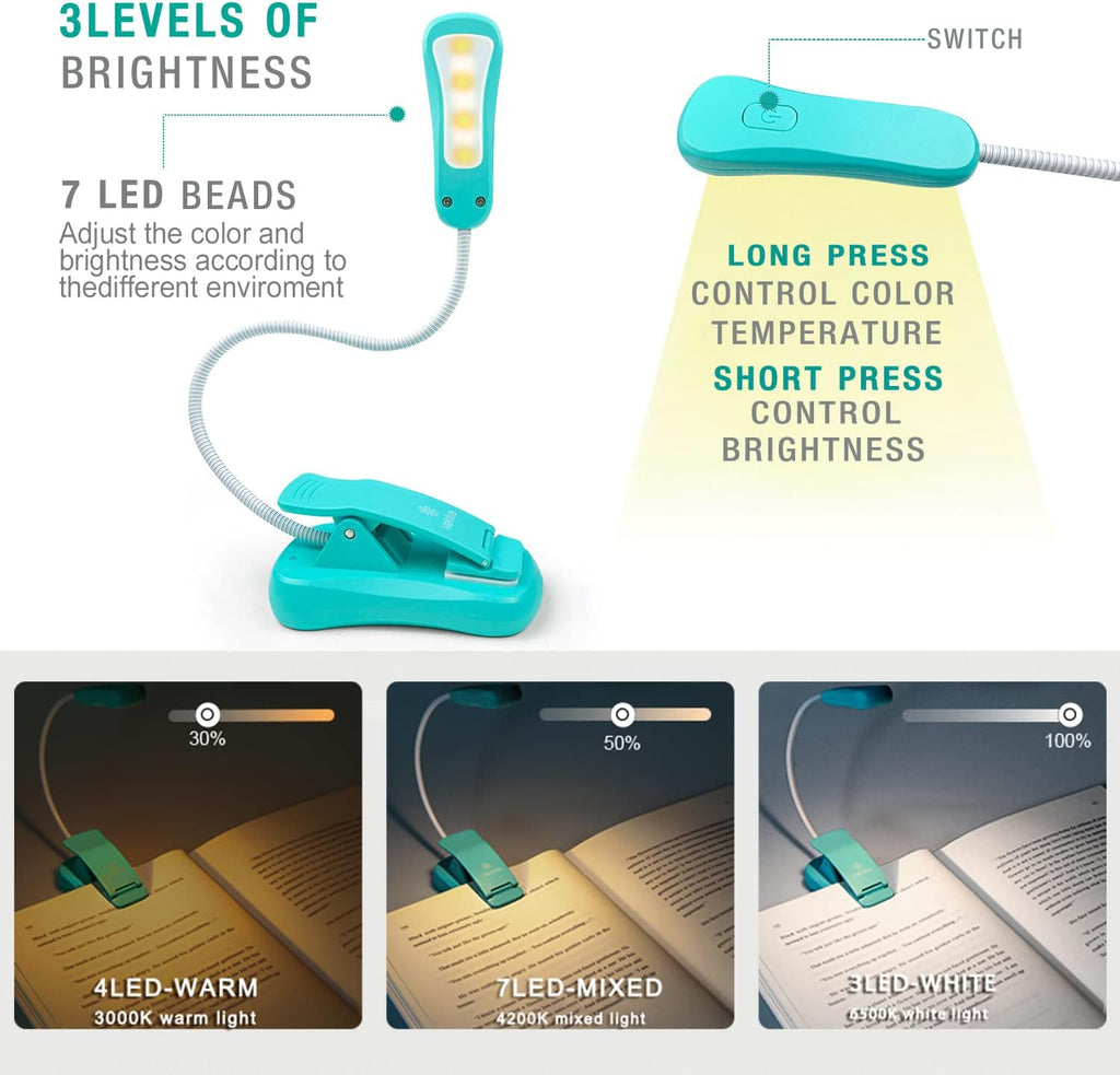 Rechargeable Book Light for Reading in Bed(Blue) | 3 Color x 3 Brightness/Lightweight Reading Light, Up to 70 Hours Lighting/Great for Readers, Travel - view 2