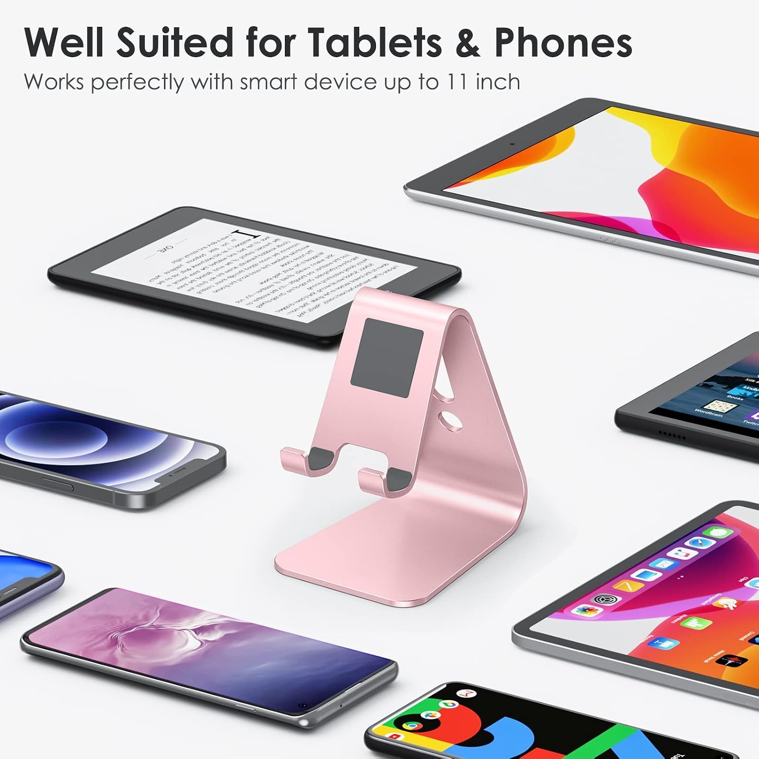 Upgraded aluminum cell phone stand for desk, durable phone dock | protective pads cellphone dock for iPhone 17/16/15/14/13 Pro Max Air, iPad mini, Android smartphones - rose gold - view 4